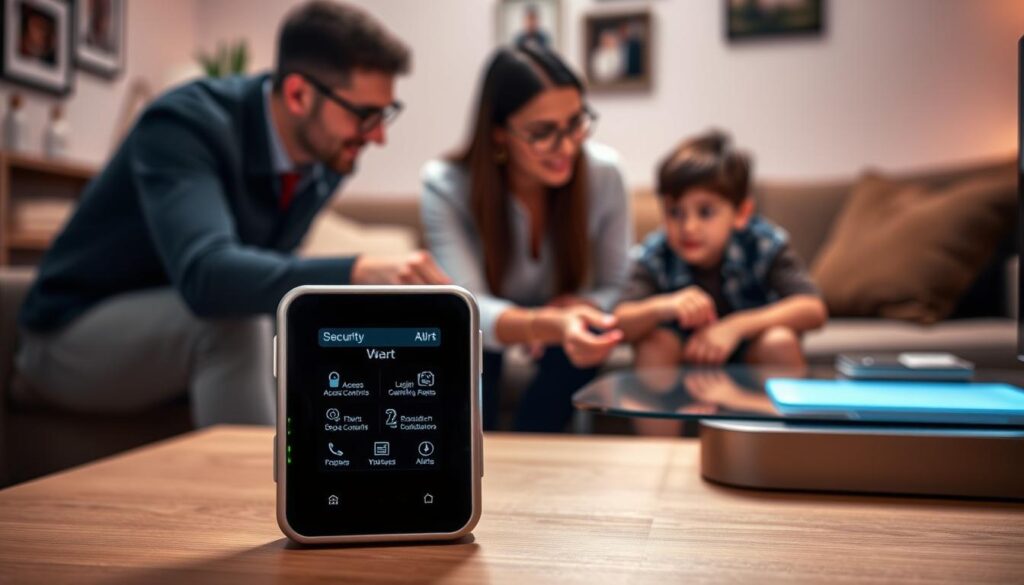 A high-tech parental control device designed for securing digital gambling accounts, prominently displayed in the foreground. The device features a sleek, modern design with illuminated buttons and a touchscreen interface showing security options like access controls and alerts. In the middle ground, a family is gathered around a coffee table, with a parent in professional attire explaining its features to a child, both appearing engaged and focused. The background includes a cozy living room setting with warm ambient lighting, soft-focus family photos on the walls, and a subtle glow from a computer screen, creating a safe and secure atmosphere. The overall mood is reassuring, emphasizing the importance of device security for online activities, with a clear focus on technology and family interaction.