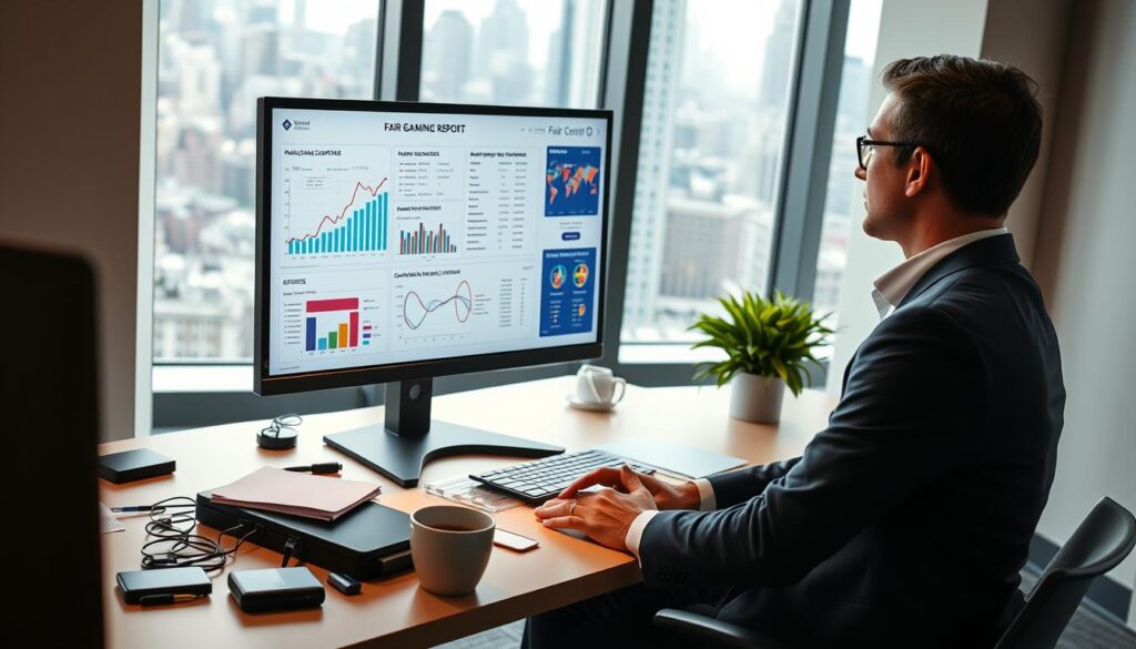 A modern office setting featuring a professional, well-dressed analyst focused on a digital screen displaying a detailed fair gaming report. In the foreground, a computer monitor showcases graphs, statistics, and a visual representation of randomness metrics, illuminated by a soft, warm light. The middle layer includes a sleek desk cluttered with analytical tools, notes, and a coffee cup, creating an atmosphere of productivity and focus. The background highlights a window with city views, suggesting a bustling environment outside. The lighting is bright yet soft, enhancing the professionalism of the space. The mood is serious yet optimistic, reflecting the importance of analyzing fairness in online gambling.