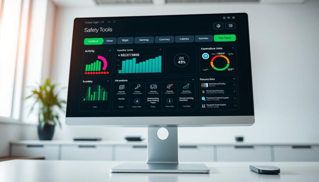 A modern online gambling safety tools dashboard displayed on a sleek computer monitor. In the foreground, the dashboard showcases vibrant, interactive graphs and charts that represent user activity, expenditure limits, and self-exclusion options. The middle layer features icons for essential tools like budget trackers, game time reminders, and resource links for responsible gaming practices. In the background, a softly lit office setting with a professional, minimalistic design enhances the atmosphere of safety and trustworthiness. The lighting is bright but warm, evoking a sense of optimism and responsibility. The angle captures the dashboard from a slightly elevated perspective, ensuring clarity and focus on the screen elements while maintaining a clean and organized workspace aesthetic.