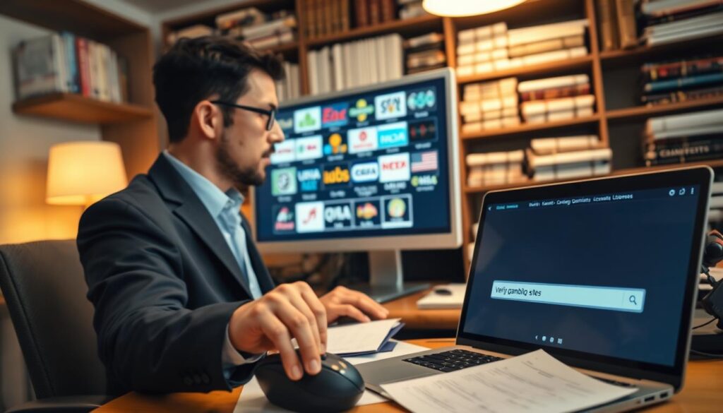 A professional-looking office environment featuring a computer screen displaying various online gambling site logos, with a person in business attire, focusing intently on the screen. In the foreground, a hand hovers over a mouse, contemplating which site to choose for verification. The middle ground showcases a desk cluttered with documents and a laptop open to a search engine with the phrase "verify gambling sites" typed out. The background is filled with shelves stacked with books on gaming laws and licenses, illuminated by soft, warm lighting to create an inviting, serious atmosphere. The angle is slightly tilted from above to capture both the detail on the desk and the focused expression of the individual. The overall mood conveys diligence and professionalism in the pursuit of safe online gambling.