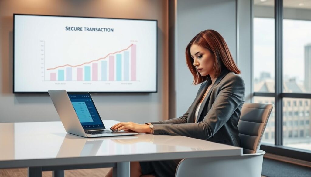 A professional, modern office setting illustrating secure financial transactions. In the foreground, a well-dressed businesswoman, seated at a sleek, minimalist desk, cautiously reviews a digital payment interface on her laptop, with a focused expression. In the middle ground, a wall-mounted screen displays a graph of secure transaction trends, emphasizing rising statistics, suggesting safety and reliability. The background features a large window letting in soft, natural lighting, creating a calm, productive atmosphere, with cityscape views. Use a slightly elevated camera angle to encompass both the subject and technological elements, conveying a sense of vigilance against fraud. The mood is serious yet empowered, reinforcing the message of avoiding unsecured payment methods.