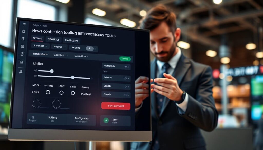 A sleek, modern betting protection tools interface displayed on a high-resolution computer screen. The foreground features a user-friendly dashboard with sliders and dials showing betting limits, accompanied by icons for notifications and alerts. In the middle ground, a professional-looking individual in business attire is analyzing the interface, focused on setting safe betting parameters. The background shows a softly blurred virtual sportsbook, with a warm, inviting lighting scheme. The mood conveys safety and trust, encouraging responsible betting behavior. The angles highlight a close-up view of the interface while ensuring clarity in design elements. The overall atmosphere is one of empowerment and security in online betting.