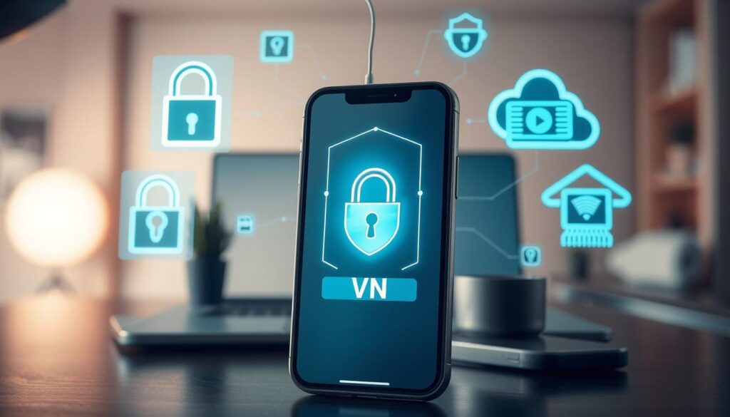 A smartphone is prominently featured in the foreground, displaying a secure VPN app interface. Surrounding the phone are various digital security tools, like a lock icon, antivirus software interface, and a firewall graphic, all artistically rendered as glowing holograms. In the middle ground, subtle imagery of a safe online environment is depicted, with circuit board patterns and muted digital clouds to signify data protection. The background features a serene workspace with soft lighting, emphasizing a professional atmosphere, enhancing the notion of mobile security and safety. The mood is calm yet vigilant, suggesting a sense of security and readiness in mobile gambling activities. Use a slight tilt-angle perspective to add depth to the scene.