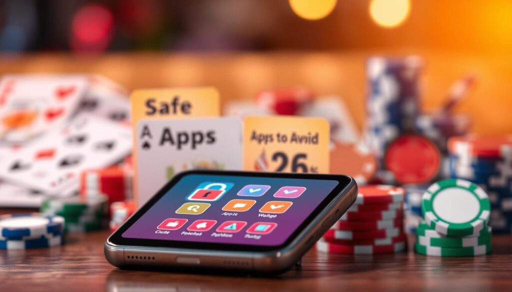 A visually informative scene depicting mobile gambling safety guidelines. In the foreground, a smartphone displaying a vibrant app interface with lock symbols and checkmarks to signify secure gambling apps. In the middle ground, an organized workspace with folders labeled "Safe Apps" and "Apps to Avoid," symbolizing the importance of proper choice. The background features soft-focus images of various gambling-related icons, like playing cards and chips, subtly hinting at mobile gaming. The scene is well-lit with warm, inviting lighting, creating a professional ambiance. A camera angle that showcases a slight top-down perspective enhances clarity and draws attention to safety elements. The overall mood conveys trust and professionalism, ideal for beginners seeking guidance.