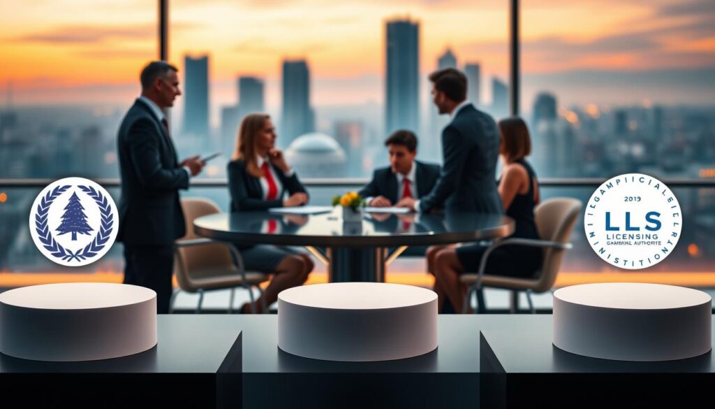 A visually striking comparison of gambling licensing authorities, featuring three prominent licensing logos displayed prominently in the foreground, each logo hovering above a sleek, modern pedestal. The middle ground showcases an elegant conference table with a diverse group of four professionals, two men and two women, dressed in smart business attire, engaged in a serious discussion about licensing regulations. The background includes a soft-focus skyline of a major city, symbolizing global gambling markets, under a twilight sky with warm ambient lighting. The overall atmosphere is one of professionalism and authority, with a clear focus on the importance of regulatory compliance. The composition should convey clarity and organization, capturing the essence of trust and legitimacy in online gambling.