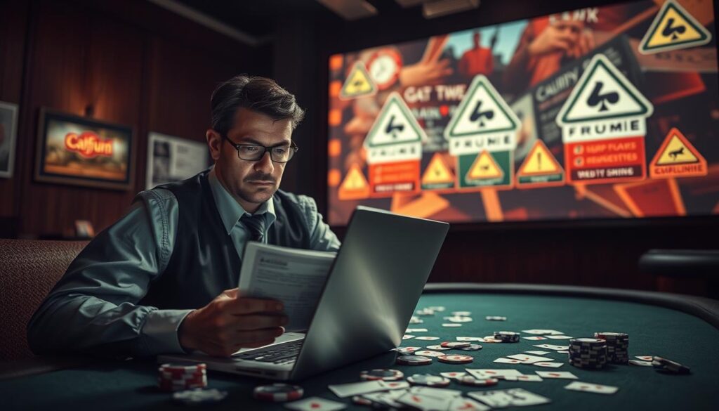 A visually striking composition illustrating "Online Gambling Fraud Warning Signs." In the foreground, a concerned individual in professional attire examines a laptop, displaying red flags such as suspicious emails and deceptive website layouts. In the middle ground, a dimly lit gaming room filled with scattered playing cards and chips evokes a sense of unease. The background features a large screen showing distorted gambling logos alongside caution symbols, creating a layered effect that emphasizes the theme of fraud. Use soft, moody lighting to enhance the atmosphere, with a slight focus on the individual's worried expression, shot from a low angle to evoke urgency and seriousness. The overall tone should convey caution and alertness against potential scams.
