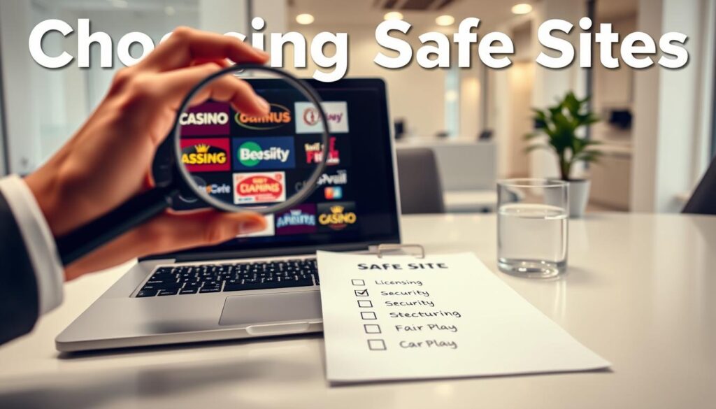 An informative and visually appealing image focused on "Choosing Safe Sites" for online gambling. In the foreground, a hand is holding a magnifying glass, inspecting a laptop displaying various gambling site logos, emphasizing scrutiny and safety. In the middle, a checklist with items like "Licensing," "Security," and "Fair Play" is arranged neatly beside the laptop. The background features a modern, clean office environment with soft, diffused lighting, creating a professional atmosphere. A glass of water and a small potted plant add a touch of calmness to the scene. The angle is slightly above eye level, providing a clear view of the elements while maintaining a sense of depth and focus. The overall mood is serious yet informative, reflecting the importance of choosing safe gambling sites.