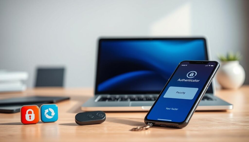 A close-up view of a digital interface displaying various authenticator apps and security keys, set against a sleek, modern desktop background. In the foreground, show colorful app icons representing popular multi-factor authentication tools, with a prominent hardware security key beside a smartphone displaying a two-factor authentication screen. The middle ground features a stylish laptop with a shiny screen, subtly illuminating the scene with a cool blue glow. In the background, a blurred workspace includes minimalistic design elements, enhancing the focus on the digital security theme. Soft, natural lighting casts gentle shadows, creating a professional yet inviting atmosphere, with a shallow depth of field to emphasize the importance of online security.