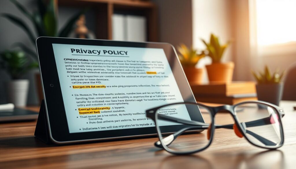 A close-up view of a sleek tablet on a wooden desk, displaying a detailed privacy policy document analysis. The screen features highlighted sections showing key data protection clauses related to online casinos, emphasizing terms like "encryption," "data security," and "user consent." In the foreground, a pair of professional glasses rests next to the tablet, reflecting the light from a nearby window. In the middle, a warm light bathes the scene, creating a focus on the tablet while softening the background, which includes a hint of indoor plants and a well-organized workspace. The mood is serious yet inviting, suitable for a professional setting, emphasizing the importance of understanding privacy policies.