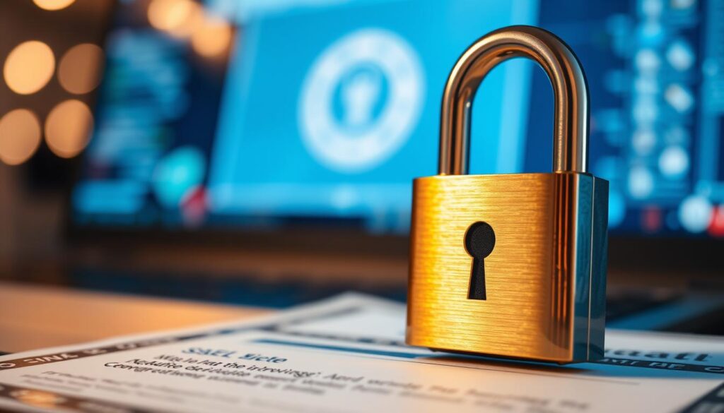 A close-up view of an SSL certificate and a shiny padlock icon prominently displayed in the foreground, symbolizing website security. The SSL certificate should have intricate details, with elements like a digital signature and security features subtly visible. The padlock should gleam with reflections, conveying strength and trust. In the middle ground, a blurred representation of a computer screen displaying a safe browsing environment should be hinted at, suggesting the connection to online activities. The background can feature soft bokeh lighting that emits a warm, professional atmosphere, enhancing feelings of safety and reliability. The overall mood should be reassuring and secure, employing soft, focused lighting to emphasize the importance of encryption in protecting data.