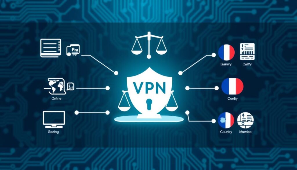 A detailed diagram illustrating the legal issues surrounding VPN use and online gambling. In the foreground, a stylized VPN icon connects to various online gambling platforms, showcasing the connection with arrows. In the middle, include legal scales representing compliance with laws, surrounded by icons for different countries to indicate geo-restrictions. The background features a subtle, abstract pattern of circuit boards to suggest digital networking. Use a cool color palette with blues and greens to convey professionalism and calmness. The atmosphere should be informative and authoritative, with soft lighting to enhance clarity. The image must be well-organized, with clear separation of elements, ensuring easy understanding of the complex subject. No text or logos should be present.