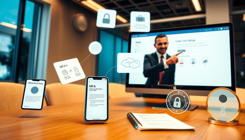 A detailed visual guide illustrating the step-by-step process of setting up Multi-Factor Authentication (MFA) for online gambling platforms. In the foreground, a computer screen displays the MFA setup interface, showcasing key steps with icons and diagrams. To the side, a business professional in formal attire is actively engaged with the computer, pointing towards the screen and displaying attentive focus. In the middle ground, elements such as a smartphone with a verification app, a notepad with written steps, and a digital security icon float around to enhance the understanding of MFA. In the background, a soft, well-lit office environment creates a calm and productive atmosphere, with warm lighting casting subtle shadows. The angle is slightly above eye level, focusing on the screen and the professional, encouraging a sense of guidance and clarity.