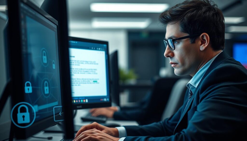 A focused and engaging scene illustrating the concept of spotting fake support phishing attempts. In the foreground, a professional-looking person, dressed in smart business attire, peers intently at a computer screen, displaying a suspicious email with visible signs of phishing, such as unusual sender addresses and poor grammar. The middle ground features a few digital icons like warning symbols and lock icons, subtly integrating the theme of cybersecurity. In the background, a modern office environment with soft, diffused lighting enhances the mood of curiosity and alertness. The image captures a sense of urgency and vigilance, highlighting the critical nature of recognizing deceptive online communications. Use a sharp focus on the foreground subject while softly blurring the background for depth.