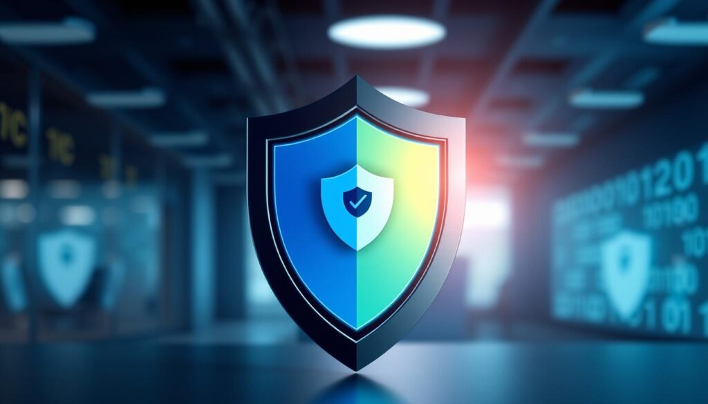 A layered digital security software stack designed to form a protective shield, featuring distinct icons for a firewall, antivirus, and password manager. In the foreground, the shield is bold and modern, with each icon crafted in a sleek, flat design. The middle layer showcases a gradient background in shades of blue and green, evoking a sense of digital safety and security. The background is a soft, blurred representation of a high-tech office environment, with abstract binary codes to imply advanced technology. The lighting is soft yet bright, casting a futuristic glow on the shield, enhancing its prominence. The atmosphere is one of trust and resilience, ideal for conveying the importance of digital security in online activities. A layered digital security software stack designed to form a protective shield, featuring distinct icons for a firewall, antivirus, and password manager. In the foreground, the shield is bold and modern, with each icon crafted in a sleek, flat design. The middle layer showcases a gradient background in shades of blue and green, evoking a sense of digital safety and security. The background is a soft, blurred representation of a high-tech office environment, with abstract binary codes to imply advanced technology. The lighting is soft yet bright, casting a futuristic glow on the shield, enhancing its prominence. The atmosphere is one of trust and resilience, ideal for conveying the importance of digital security in online activities.