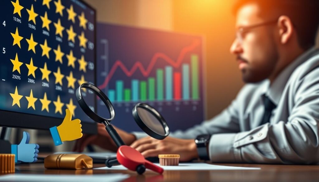 A professional-looking person in business attire sits at a desk, intently analyzing a computer screen filled with stars and numerical ratings. The foreground features close-up details of various colorful review icons, like thumbs up and down symbols, alongside magnifying glasses symbolizing scrutiny. In the middle background, an abstract chart illustrates fluctuating review scores with green and red arrows indicating authenticity assessment. Warm, focused lighting bathes the scene, evoking a sense of diligence and importance. The composition emphasizes a serious mood, highlighting the notion of trust and critical analysis in the online review landscape. The depth of field gives a soft blur to the background, ensuring the viewer's attention remains on the analysis process and the person engaged in it.