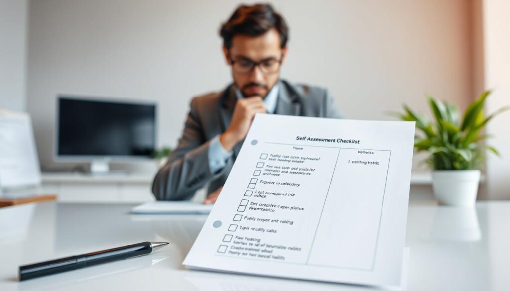 A visually engaging self-assessment checklist for gambling habits, centered on a clean, modern desk. The foreground features a neatly printed checklist on crisp white paper, with checkboxes and bullet points, accompanied by a black pen resting nearby. In the middle, a thoughtful adult, dressed in professional business attire, is reviewing the checklist, displaying a focused expression. The background includes soft-focused elements like a potted plant and a computer screen with muted colors to create a calming atmosphere. The lighting is bright yet gentle, illuminating the scene to enhance clarity, with a slightly overhead angle to emphasize the checklist and the individual’s engagement. The overall mood conveys reflection and assessment, fitting the theme of self-evaluation and awareness.
