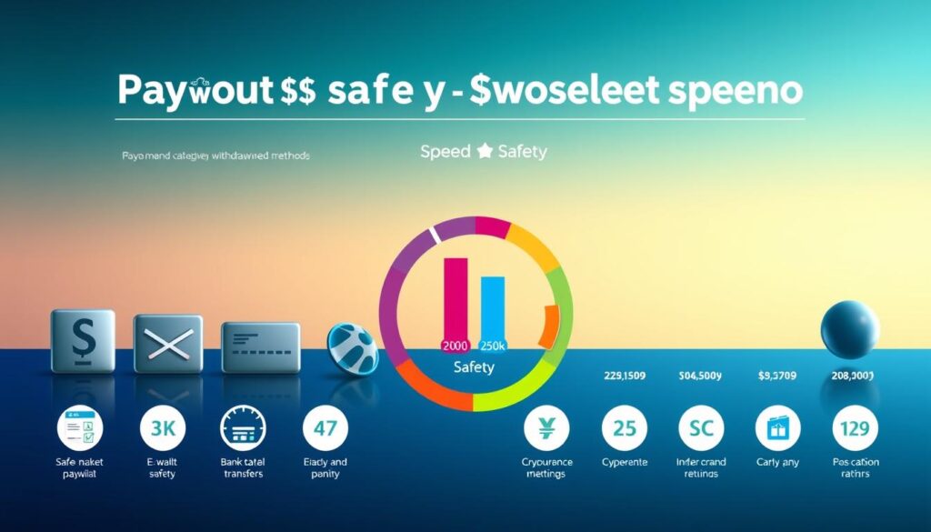 A visually striking infographic illustrating the comparison of payout safety and speed for various online gambling withdrawal methods. In the foreground, feature sleek icons representing different payment methods like e-wallets, bank transfers, and cryptocurrencies, all designed with a modern aesthetic. In the middle ground, include a bar graph or circular chart that conveys speed and safety ratings, with vibrant colors to differentiate categories. The background should be a soft gradient of blue and green tones, evoking a sense of trust and security. Use high contrast lighting to highlight important elements. The overall atmosphere should feel professional and informative, designed to engage viewers while clearly conveying a focus on fast and secure financial transactions.