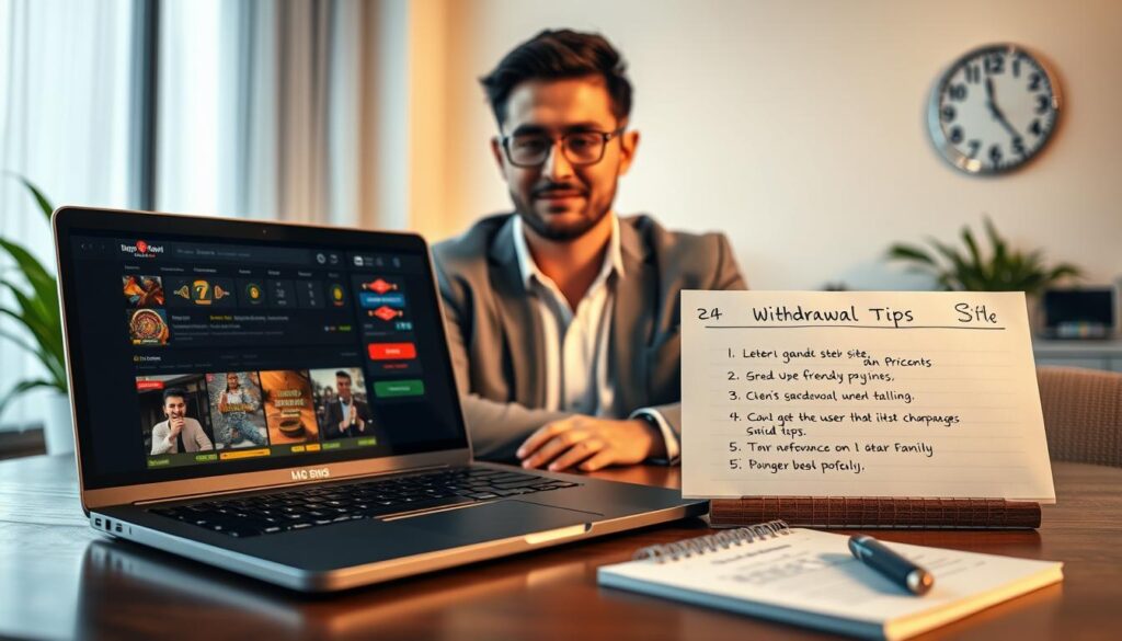 A visually striking workspace illustrating "Withdrawal Tips" with a professional yet inviting atmosphere. In the foreground, a neatly arranged table with a sleek laptop displaying a user-friendly gambling site interface, alongside a notepad with key tips handwritten in bullet points. The middle ground features a confident person, dressed in business casual attire, focused on the screen, their expression a mix of concentration and relief. The background shows a softly lit room with a subtle hint of green plants, symbolizing growth and positivity, and a wall clock indicating timely processes. The overall mood is one of calm assurance, with warm, welcoming lighting that conveys a sense of security and efficiency, captured from a slightly elevated angle to encapsulate the entire scene.