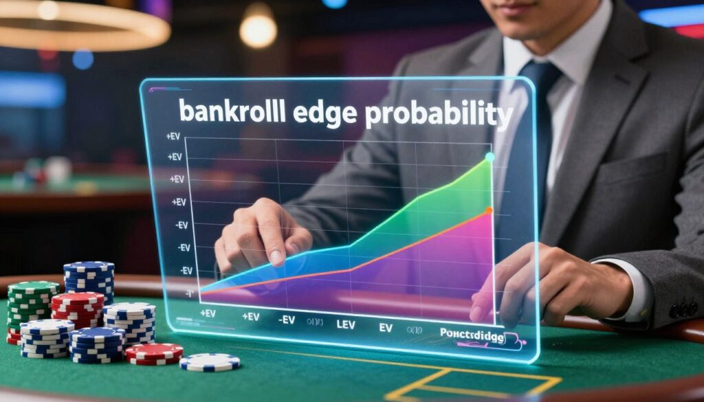 A detailed and visually striking image illustrating the concept of "bankroll edge probability." In the foreground, a confident business professional, dressed in smart attire, calculates data on a transparent digital screen showcasing a graph with positive and negative expected values (+EV and -EV) depicted in vibrant colors. In the middle ground, a pile of money and scattered poker chips symbolize financial stakes and potential gains from positive edge betting. The background features a blurred casino setting or sports betting venue, enhancing the atmosphere of risk and reward. The lighting is bright and focused on the digital screen, creating a sense of clarity and analysis. The mood is serious yet optimistic, emphasizing the potential financial implications of decision-making in betting scenarios. A detailed and visually striking image illustrating the concept of "bankroll edge probability." In the foreground, a confident business professional, dressed in smart attire, calculates data on a transparent digital screen showcasing a graph with positive and negative expected values (+EV and -EV) depicted in vibrant colors. In the middle ground, a pile of money and scattered poker chips symbolize financial stakes and potential gains from positive edge betting. The background features a blurred casino setting or sports betting venue, enhancing the atmosphere of risk and reward. The lighting is bright and focused on the digital screen, creating a sense of clarity and analysis. The mood is serious yet optimistic, emphasizing the potential financial implications of decision-making in betting scenarios.