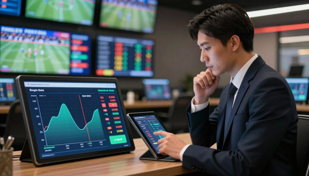 A detailed, informative illustration contrasting single bets and parlays in a betting context. In the foreground, feature a sleek digital interface displaying graphs and statistics showcasing a side-by-side comparison, with vibrant colors highlighting key differences in potential payouts. The middle layer includes a professional-looking betting analyst in business attire, thoughtfully examining the data on a tablet. The background consists of a softly blurred sports betting shop scene, filled with screens showing live games and odds, creating a dynamic atmosphere. Utilize soft, even lighting to enhance focus on the descriptive elements, aiming for a clear, educational tone that conveys the analytical nature of betting strategies. The overall mood should be professional and focused, inviting viewers to contemplate the nuances of betting strategies.