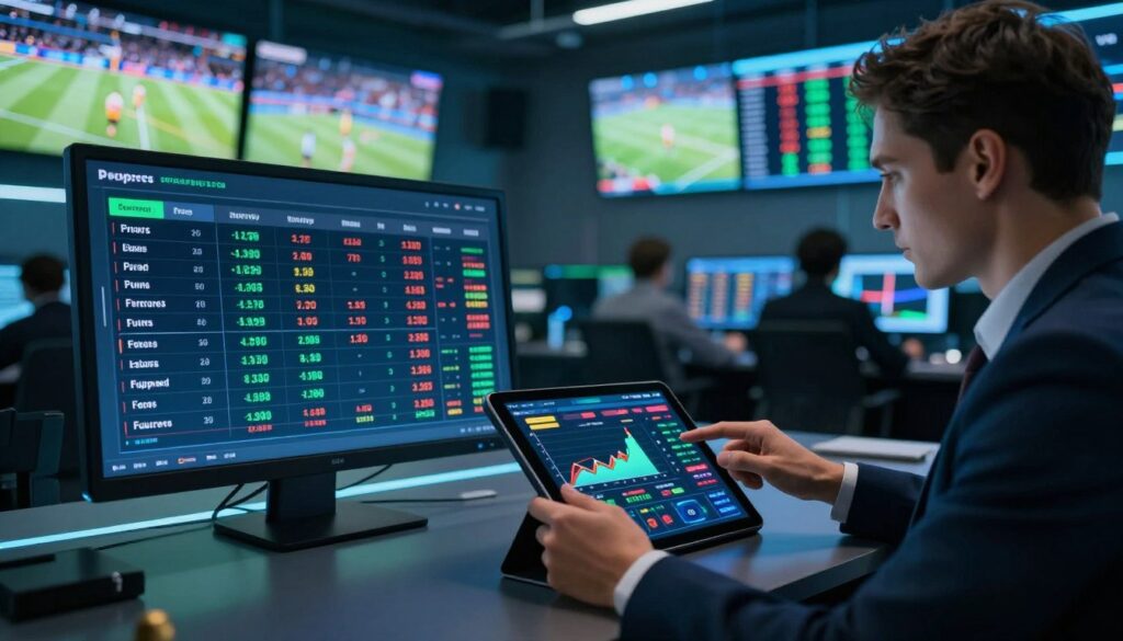 A dynamic betting market scene showcasing props and derivatives in an engaging, visual format. In the foreground, a professional businessperson in smart attire analyzes a digital tablet displaying various betting options like props, spreads, and futures, with vibrant graphs and figures illuminated on the screen. In the middle, a sleek, modern betting interface with streamlines of data, odds, and market trends flows seamlessly, emphasizing the excitement of betting markets. The background features a high-tech trading room atmosphere, with large screens showing live sports events and statistical analyses, bathed in cool blue and green lighting. The overall mood is energetic yet focused, capturing the strategic environment of decision-making in betting. The composition should be wide-angle, enhancing the sense of depth and activity in the scene.
