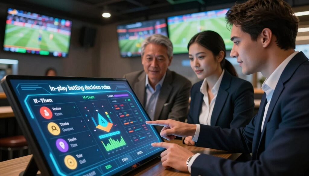 A dynamic illustration of "in-play betting decision rules," focusing on a futuristic digital interface displaying a sleek, interactive betting platform. In the foreground, a clear, large touchscreen showcases various "If–Then" scenarios, with brightly colored icons, graphs, and statistics coming alive. In the middle ground, a professional, diverse group of three individuals in business attire, engrossed in making quick decisions, points at the screen while maintaining a collaborative atmosphere. The background features a modern sports bar vibe with large screens displaying live sports events, softly lit to enhance the focus on the interface. The lighting is bright and inviting, emphasizing a sense of urgency and excitement, while a slight blur effect on the background maintains the viewer's attention on the decision-making process. The overall mood conveys focus, energy, and strategic thinking in the context of live betting.