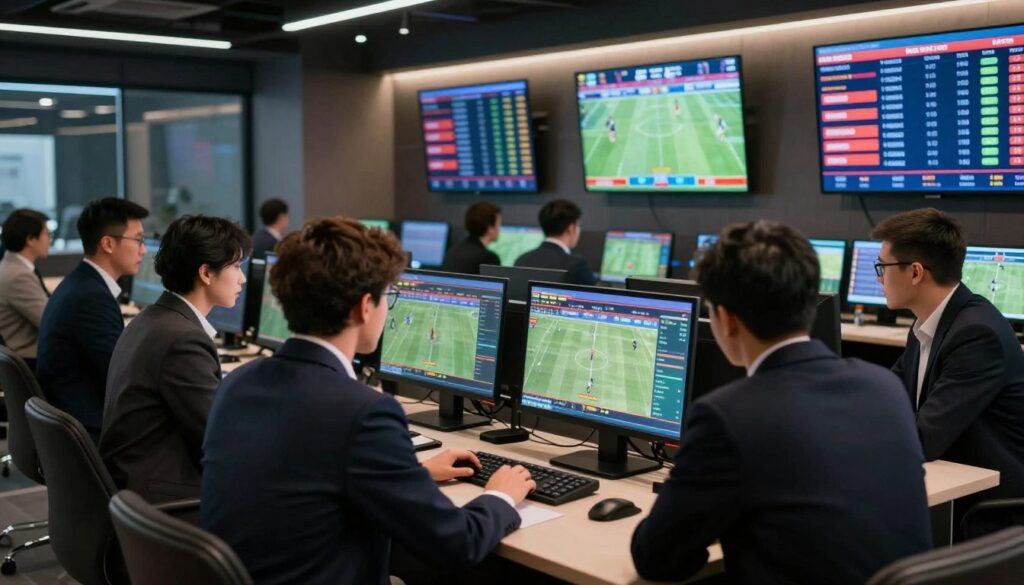 A dynamic scene depicting strategic timeouts in live betting, set in a modern sports betting lounge. In the foreground, a focused, diverse group of professionally dressed individuals huddle around a high-tech betting terminal, analyzing odds on multiple screens displaying live sports events. In the middle ground, various screens flash with vibrant graphics of sporting events, alongside real-time betting data. The background features a sleek, well-lit environment with ambient lighting, creating a tense yet exciting atmosphere. Soft reflections dance off the glass surfaces, evoking a sense of urgency and strategic decision-making. The composition captures the intensity of avoiding latency traps in live betting while maintaining a professional, engaging mood suitable for a betting context.