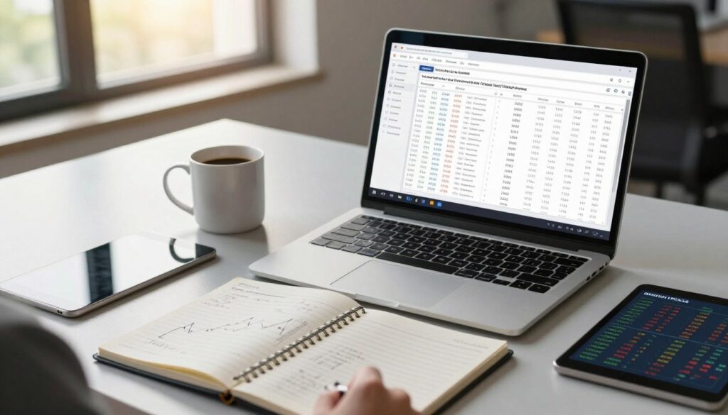A modern, well-organized office workspace featuring an open laptop displaying a detailed tracking line movement log on the screen. In the foreground, a hand is poised over a notebook filled with handwritten notes and graphs, showcasing data analysis. The middle ground includes a sleek desk with a coffee mug and a digital tablet displaying line charts and statistics that represent betting trends and closing line values. The background features a window with soft, natural daylight streaming in, creating a warm, focused atmosphere. The overall mood is professional and analytical, evoking a sense of diligence in tracking and interpreting data trends for better decision-making. The scene is captured from a slightly elevated angle to give a comprehensive view of the workspace.