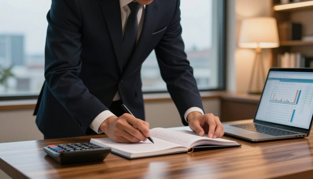 A professional individual in smart business attire standing at a polished wooden desk, intently calculating bankroll units. On the desk, an open notebook filled with financial notes, a sleek calculator, and a laptop displaying charts of bankroll management. The middle ground showcases a professional environment with warm, ambient lighting creating a focused atmosphere. In the background, a large window reveals a serene cityscape, hinting at opportunities outside. The composition emphasizes the person's concentration, with a subtle depth of field using a 50mm lens, enhancing clarity on the foreground elements while softly blurring the background. The overall mood is one of diligence and strategic planning, illustrating the analytical nature of managing bankroll units effectively.