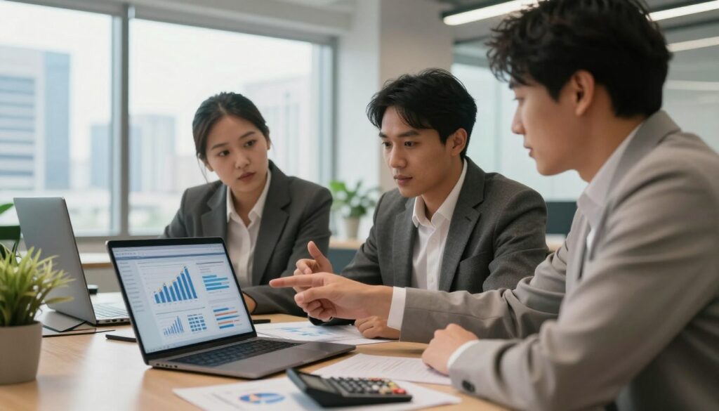 A professional yet inviting office workspace illustrating step-by-step hedging examples. In the foreground, a desk with a sleek laptop displaying graphs and charts, surrounded by financial documents and a calculator. In the middle, a diverse group of three professionals in business attire are engaged in discussion, pointing at the laptop screen to highlight key points on risk management and investment strategies. In the background, large windows allow natural light to flood the room, complementing a view of a modern city skyline. Soft, warm lighting creates a focused yet collaborative atmosphere. The composition captures a harmonious blend of intellect and professionalism, avoiding any distractions or extraneous elements.