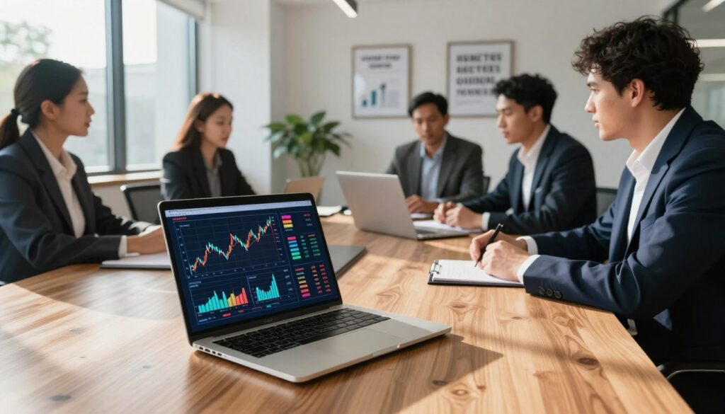 A sleek, modern office space showcasing a large wooden conference table with a high-tech laptop open, displaying a graphical representation of bankroll management strategies. In the foreground, detailed financial charts and colorful graphs illustrate the concepts of variance and betting units. The middle ground features a diverse group of professionals in well-fitted business attire engaged in a serious discussion, analyzing data on the screen. The background includes a large window with sunlight streaming in, casting soft shadows across the room, creating a focused and intense atmosphere. Subtle hints of decor like potted plants and framed financial success quotes enhance the environment, emphasizing the importance of strategic decision-making during losing streaks and heat checks.