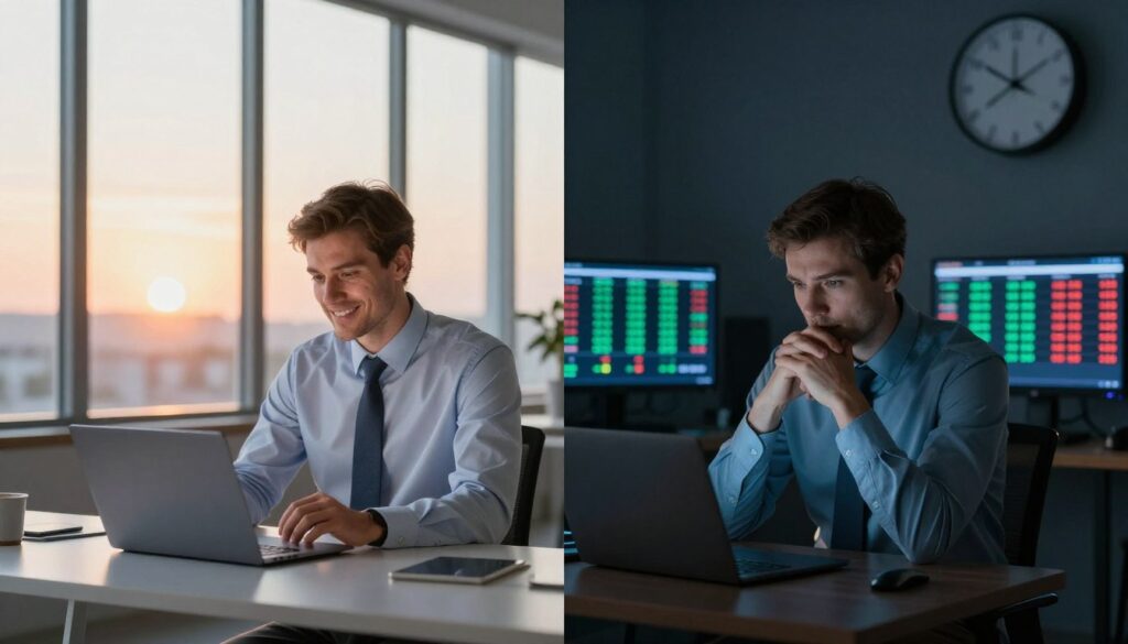 A split-screen image illustrating the concept of betting timing: on the left side, a bright, early morning scene showing a confident businessman in professional attire, carefully reviewing odds on a laptop at a sleek desk with a large window displaying a sunrise. He appears focused and optimistic. On the right side, a moody, late evening setting features the same businessman, now looking more contemplative, surrounded by dim lighting, a clock showing late hours, and a second screen showing fluctuating odds. The contrast between the two environments visually represents the urgency of early betting versus the tension of late betting. Capture this with a wide-angle perspective, emphasizing the differing atmospheres, with warm light on the left and cooler tones on the right, creating an engaging and informative visual narrative.