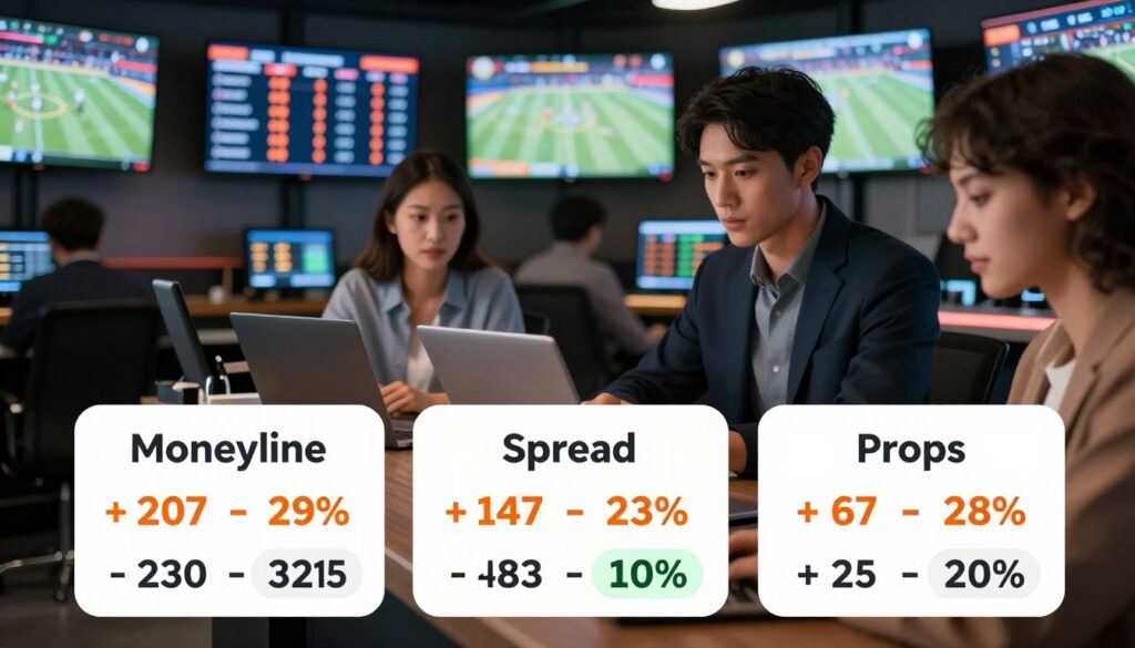 A visually appealing infographic illustrating odds comparison examples across different bet types: Moneyline, Spread, Totals, and Props. In the foreground, display color-coded sections showing each bet type with clear numerical odds. The background features a sleek, modern sports betting setting with a softly blurred view of a sportsbook filled with monitors displaying live game statistics. Soft, even lighting enhances readability, while a slight vignette effect draws focus to the foreground. Ensure professional and modestly dressed figures can be seen analyzing betting data, their expressions intent and focused. Capture a sense of excitement and professionalism, evoking the competitive nature of sports betting without the inclusion of any text or logos.