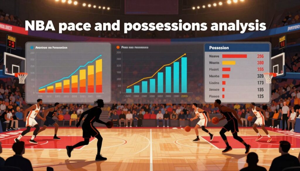 A detailed, analytical illustration representing "NBA pace and possessions analysis." In the foreground, showcase a basketball court with dynamic player silhouettes in action, emphasizing their movement and hustle. The middle layer should feature vivid graphs and charts, highlighting statistical data on team possessions and pace, drawn in bright colors for clarity. In the background, include a blurred stadium setting, bathed in warm arena lighting that creates an energetic atmosphere. Use a wide-angle perspective to portray the expansive nature of the court and the excitement of a live game, while ensuring all elements convey a professional and analytical tone. Aim for a mood of hustle and high intensity that reflects the fast-paced nature of NBA gameplay.