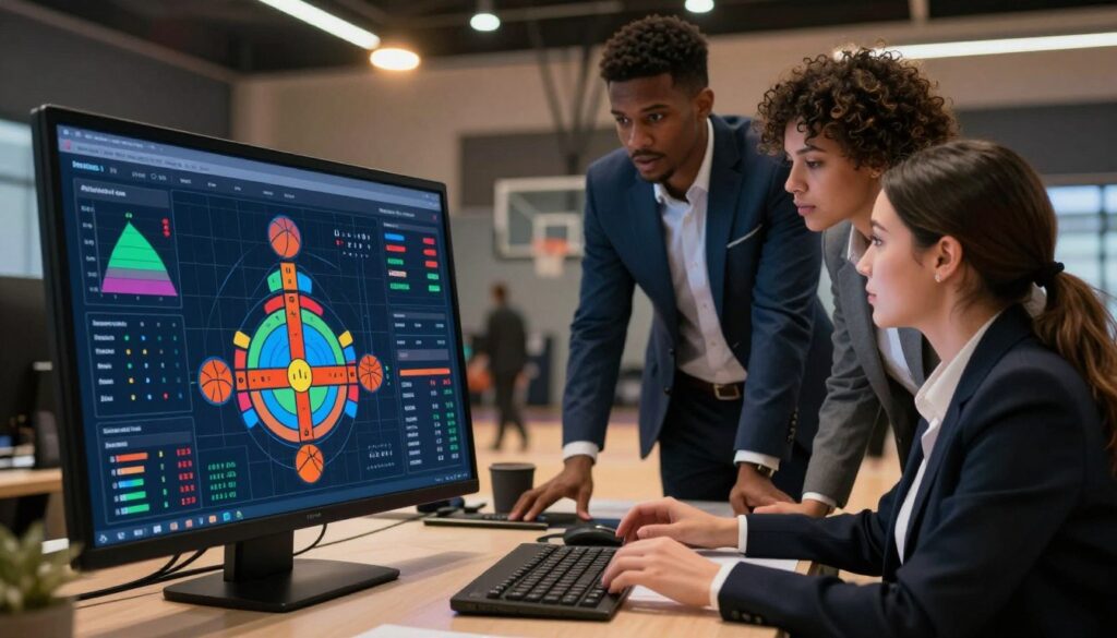 A detailed and visually engaging illustration of a basketball possessions model. In the foreground, a sleek, modern digital dashboard displaying dynamic graphs and statistics about basketball possessions, rendered in vibrant colors. In the middle ground, a team of diverse professionals in smart business attire collaboratively analyzing the data—two men and two women, engaged in an animated discussion. The background features a blurred basketball court, subtly lit by warm overhead lights, creating a focus on the analytical process. Use a wide-angle lens to capture the depth and interaction among the subjects, while the overall mood conveys a sense of strategy and teamwork in a professional setting. The atmosphere should be energetic yet focused, embodying the intensity of sports analytics without any distractions.