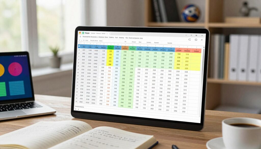 A detailed player projections spreadsheet laid out on a modern desk, featuring clear cells filled with numerical data and statistical graphs. The foreground includes a sleek laptop displaying colorful charts and an open notebook with handwritten notes, alongside a cup of coffee. In the middle, the spreadsheet shows various player statistics like points, rebounds, and assists, neatly organized in bright shades for better visibility. The background features a window with natural light streaming in, illuminating the workspace, and a soft-focus office environment with bookshelves and sports memorabilia. The overall mood is analytical and focused, emphasizing a professional setting conducive to decision-making in sports analytics.