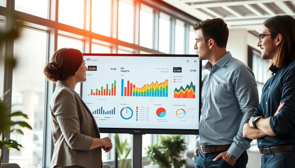 A modern KPI targets and interpretation dashboard, prominently displayed on a sleek, high-resolution monitor. In the foreground, a diverse team of three professionals in business attire (a woman in a smart blazer, a man in a tailored suit, and another person in a neat shirt) engage in discussion, analyzing the dashboard. The middle of the image features colorful graphs and charts showing performance metrics, progress indicators, and trend lines, all clearly visible and well-organized. The background includes a stylish office environment with large windows allowing natural light to flood in, creating a bright and inviting ambiance. The mood is focused and collaborative, emphasizing productivity and analysis. The scene is captured with a slight angle to add depth, using soft lighting to enhance clarity and contrast of the dashboard elements.