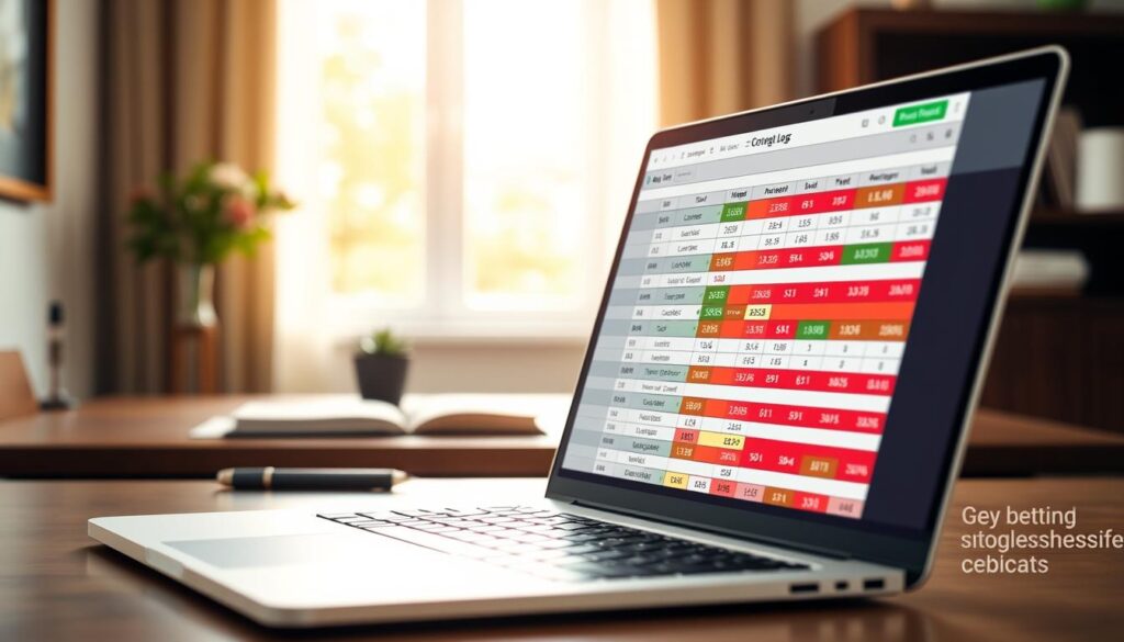 A sleek and modern Google Sheets betting log template displayed on a laptop screen, emphasizing key metrics such as ROI and hit rate. The foreground features a sharp close-up of the spreadsheet, showcasing vibrant cells in green and red for wins and losses, respectively. In the middle ground, an elegant workspace with a wooden desk, a notepad, and a pen adds a professional touch. In the background, a softly blurred window lets in warm, natural light, creating a bright and inviting atmosphere. The scene conveys a sense of focus and organization, ideal for anyone looking to track their betting performance efficiently. The image is captured from a slightly elevated angle, providing a comprehensive view of the spreadsheet's layout without any text, logos, or personal identifiers.