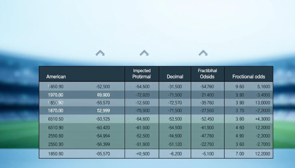 A sleek, modern implied probability table chart, displaying American, Decimal, and Fractional odds. In the foreground, the chart features clearly defined rows and columns with visually distinct odds values in contrasting colors, showcasing the conversion of odds to probabilities. The middle layer includes subtle graphical elements like arrows and lines connecting the different odds formats, enhancing clarity. The background is a soft, blurred gradient of blue and gray, creating a professional atmosphere. Soft, even lighting illuminates the chart, providing a polished and refined look. The mood conveys precision and expertise, suited for a financial or analytical environment, aimed at illustrating the section effectively without any text or overlays.