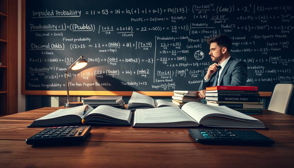A sleek, modern workspace featuring a large chalkboard filled with neatly written implied probability formulas, such as "Probability = 1 / (Odds + 1)" and "Decimal Odds - 1". In the foreground, a wooden desk with an open notebook, pen, and a calculator, suggesting active learning and engagement with the subject. The middle ground showcases a professional mathematician, dressed in business attire, deep in thought as they work through a problem, surrounded by books on sports betting and probability. The background features a softly lit lamp with warm light illuminating the formulas, creating an inviting and studious atmosphere. A large window reveals a pleasant, sunny day outside, adding to the sense of inspiration and focus in the scene. The overall mood is one of concentration and intellectual curiosity.