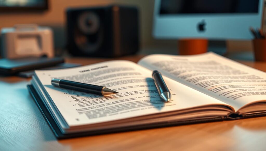 A close-up view of a professional-looking notebook open to pages filled with detailed promotional terms and conditions, with lines of text clearly visible. The background features a blurred office setting with a subtle hint of a computer and desk accessories for context. The foreground includes a sleek pen resting on the notebook, emphasizing the act of reading and comprehending important details. The lighting is warm and inviting, creating a focused yet approachable atmosphere. A slight depth of field effect draws attention to the text while keeping the office elements softly out of focus. The overall mood should convey seriousness and professionalism, illustrating the importance of careful reading for clear understanding.