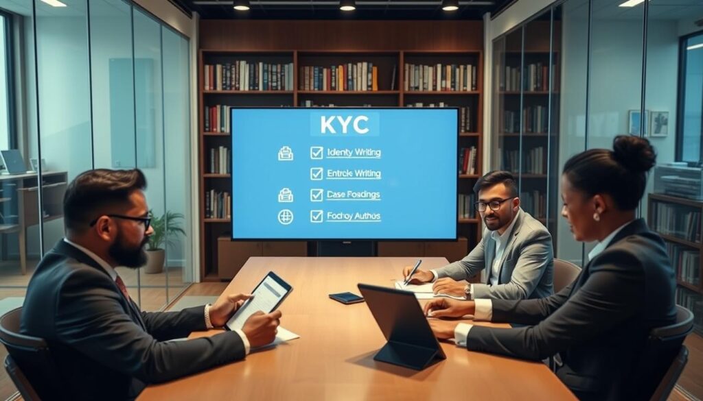 A professional office setting focused on the KYC verification process for authors. In the foreground, a diverse group of three individuals—two men and one woman—are seated at a modern conference table, reviewing documents and a digital tablet. They are dressed in business attire, displaying professionalism. The middle ground features a large screen displaying a digital KYC checklist, with icons representing identity verification steps. In the background, glass partitions separate the meeting room from another area, featuring bookshelves filled with books related to writing and publishing. Soft, warm lighting creates an inviting atmosphere, enhancing the sense of collaboration and trust. The angle is slightly elevated to capture both the individuals and the KYC elements clearly, ensuring a focused and informative ambiance.