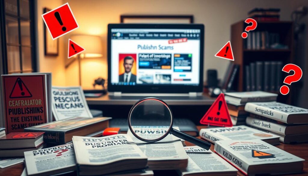 A professional workspace displaying various red flags of publishing scams. In the foreground, a desk cluttered with suspicious-looking books, each featuring exaggerated promises on their covers. A magnifying glass hovers over a book, highlighting a dubious author’s name. In the middle, a laptop screen shows a fake website with bright flashing graphics, indicating phishing attempts. Scattered around are warning symbols like a red exclamation mark and a question mark. The background features a softly lit office, conveying a serious yet informative atmosphere. Lighting is warm and inviting, the angle is slightly above eye level, creating a focused view. The overall mood is cautionary, emphasizing the importance of recognizing fraudulent offers without overwhelming details or distractions.