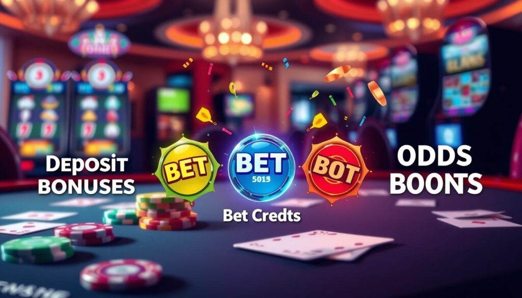 A visually engaging illustration depicting various types of casino bonuses, including "Deposit Bonuses," "Bet Credits," and "Odds Boosts." In the foreground, feature a stylish casino-themed table with colorful poker chips and cards, symbolizing the gambling aspect. In the middle ground, display three distinct bonus types as visually appealing icons, each with unique colors and designs representing their features, surrounded by enticing imagery like dollar signs and animated confetti. In the background, create an elegant casino ambiance with soft, warm lighting and blurred slot machines to enhance the atmosphere. Use a slightly elevated angle to give depth, and ensure a polished, professional appearance throughout. The overall mood should be exciting and vibrant, capturing the thrill of gaming without any clutter or distractions.
