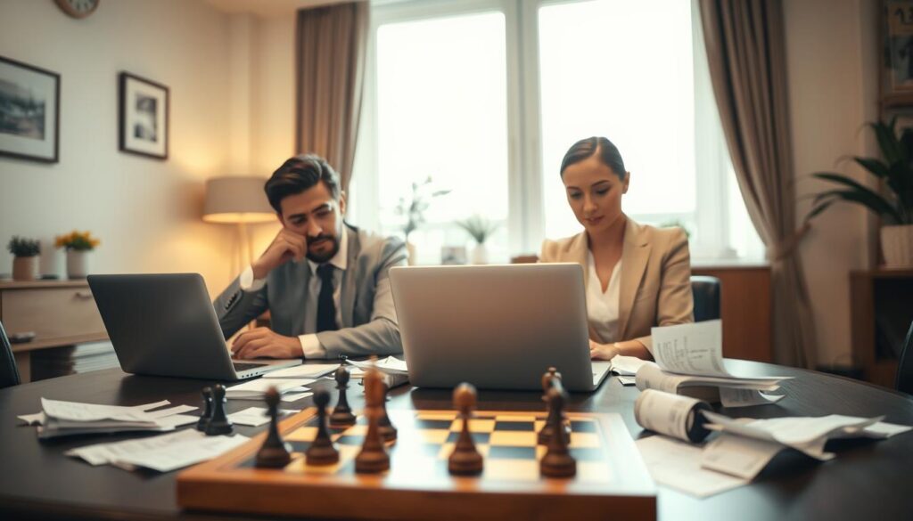 A serene indoor environment featuring a professional-looking man and woman seated at a table, both engaged in deep thought over a laptop and betting papers. The foreground shows their focused expressions, capturing the essence of emotional control in betting, highlighting calm determination. In the middle ground, a chessboard symbolizes strategic thinking, while scattered betting slips represent the variance and emotional triggers in betting. The background is softly lit, with warm tones to create a relaxed yet focused atmosphere. The room is filled with subtle decor that suggests professionalism, and a large window lets in natural light, reflecting the inner clarity required to master emotions in betting. A serene indoor environment featuring a professional-looking man and woman seated at a table, both engaged in deep thought over a laptop and betting papers. The foreground shows their focused expressions, capturing the essence of emotional control in betting, highlighting calm determination. In the middle ground, a chessboard symbolizes strategic thinking, while scattered betting slips represent the variance and emotional triggers in betting. The background is softly lit, with warm tones to create a relaxed yet focused atmosphere. The room is filled with subtle decor that suggests professionalism, and a large window lets in natural light, reflecting the inner clarity required to master emotions in betting.