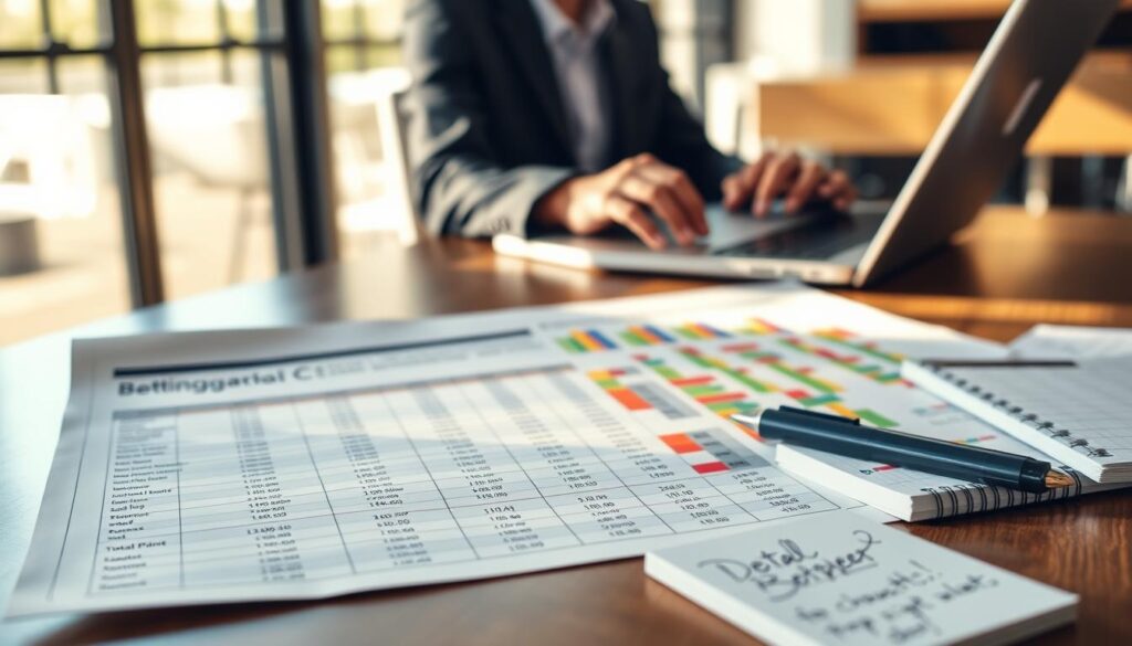 A well-organized betting model spreadsheet laid out on a sleek wooden desk, featuring detailed columns and rows filled with data about ATS (Against the Spread), total points, and prop bets. In the foreground, a pair of professional business hands can be seen typing on a laptop, with focused expressions. The middle ground shows the illuminated spreadsheet with colorful graphs and bold headings, while a notepad with handwritten notes lies nearby. The background is softly blurred, revealing a modern office with bright natural light streaming in, creating an optimistic and productive atmosphere. The composition captures a sense of determination and strategic thinking, perfect for a focused planning session on sports betting.
