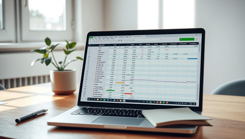 A well-organized spreadsheet displayed on a modern laptop screen, showing various columns and rows filled with colorful graphs, data points, and icons representing free data sources. The laptop is placed on a sleek wooden desk with a stylish pen and notepad beside it. In the background, a softly lit workspace features a potted plant and a coffee cup, evoking a productive atmosphere. Natural light filters in through a window, casting gentle shadows that enhance the inviting mood. The angle is slightly elevated, focusing on the screen while capturing the essence of a minimalistic office space, suggesting clarity and accessibility in data gathering. The overall impression is one of professionalism and inspiration, suited for someone eager to build a betting model.